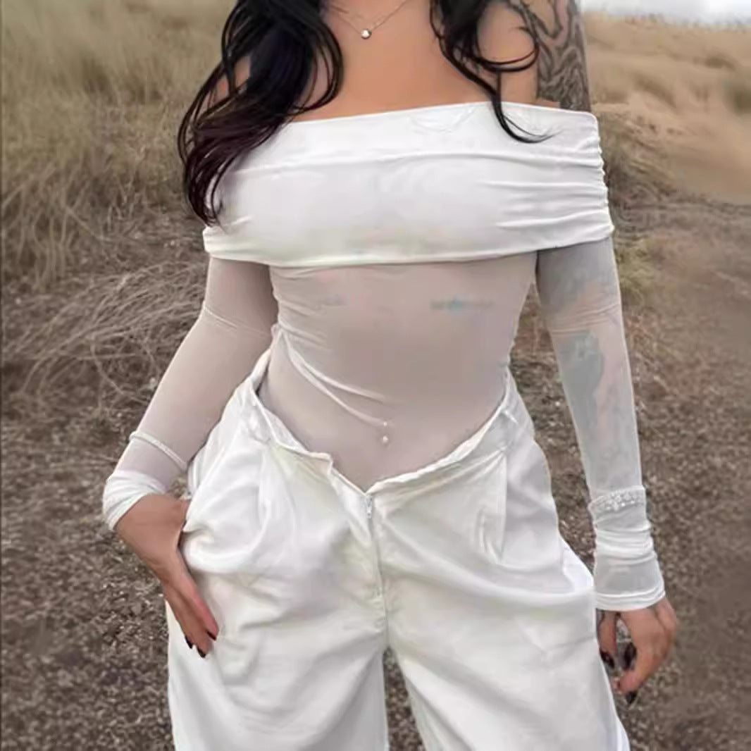 Dame Off-Shoulder Langærmet Bodystocking med transparente accenter Skovae
