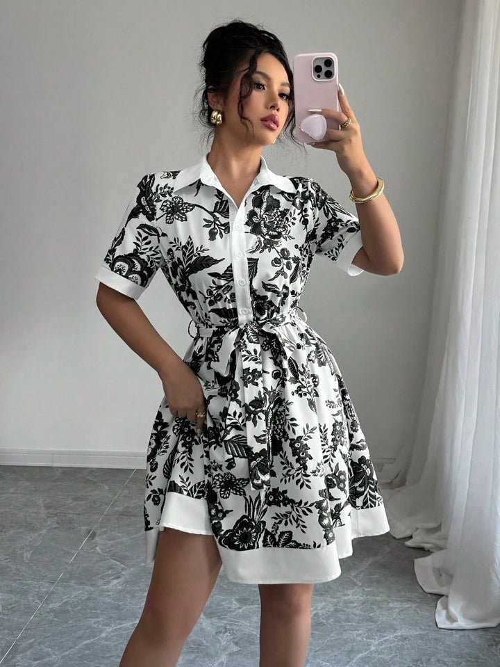 Dame Blomsterprint Button-Up Skjortekjole Stilla