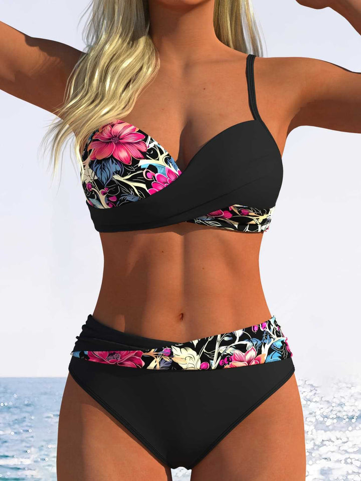Dame Bikini-Sæt med blomster-wrap-mønster og behagelige high-waist-trusser Skovae