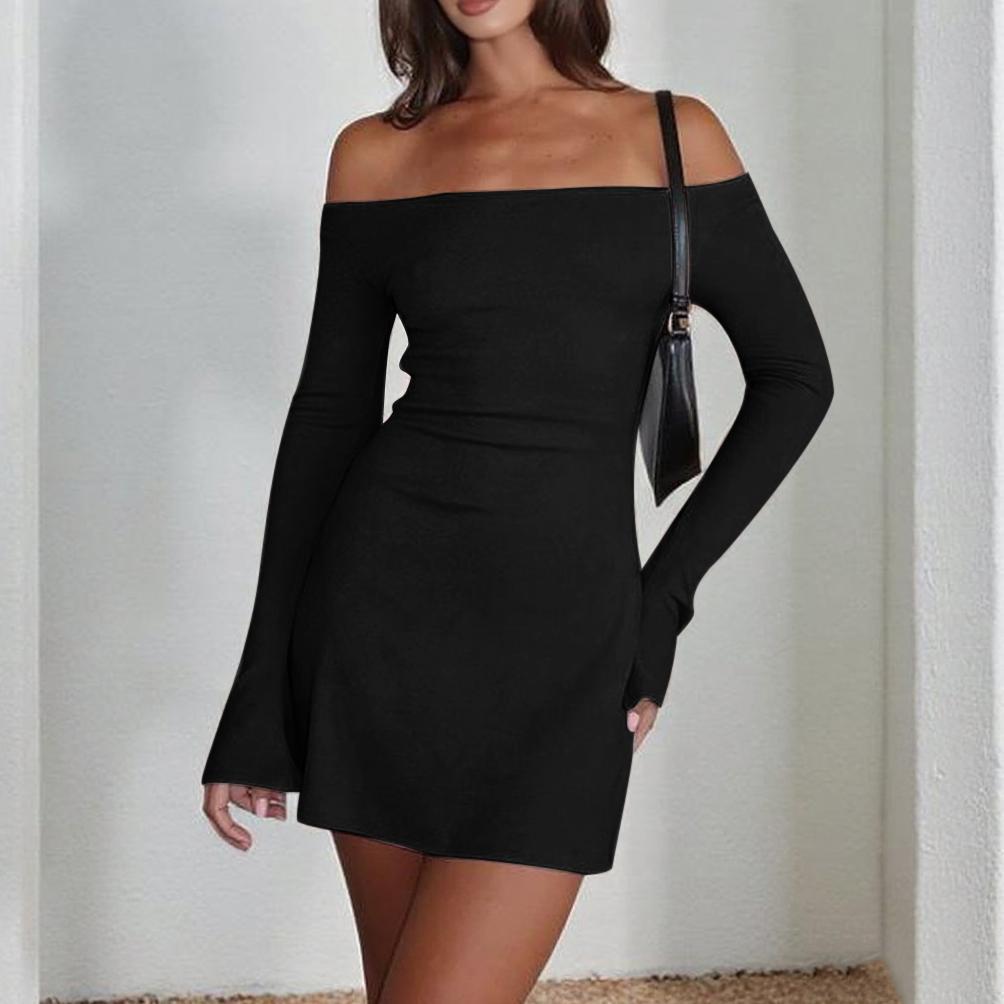 Kvinder Off-Shoulder Mini Kjole med Lange Ærmer og Figur-Fast Pasform Skovae