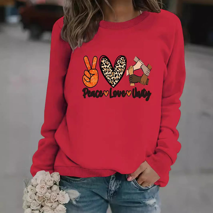 Kvinders sweatshirt med kreativt Peace, Love & Unity design Stilla