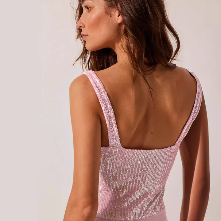 Dame glamourøs bodysuit med dekorerede paljetter og spidskrave Stilla
