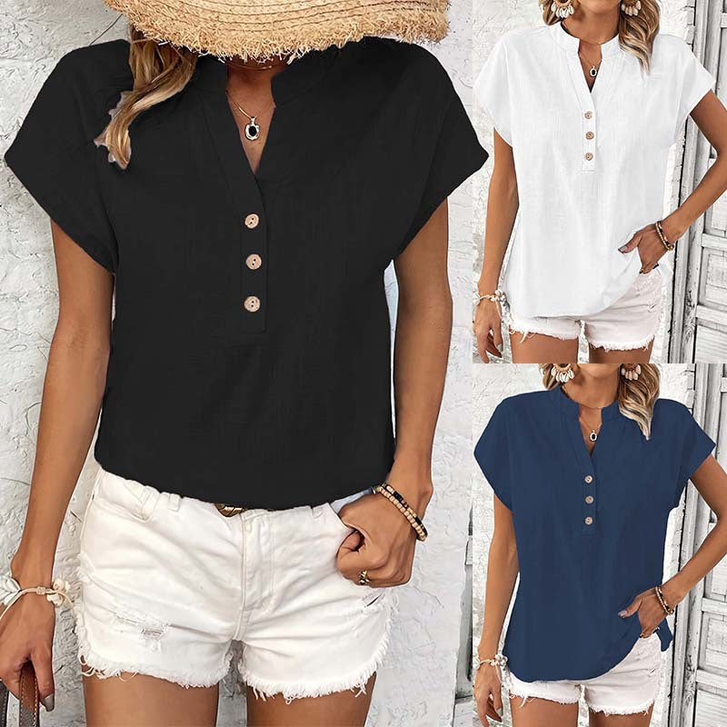 Dame kortærmet bluse med knapliste og elegant ståkrave Stilla