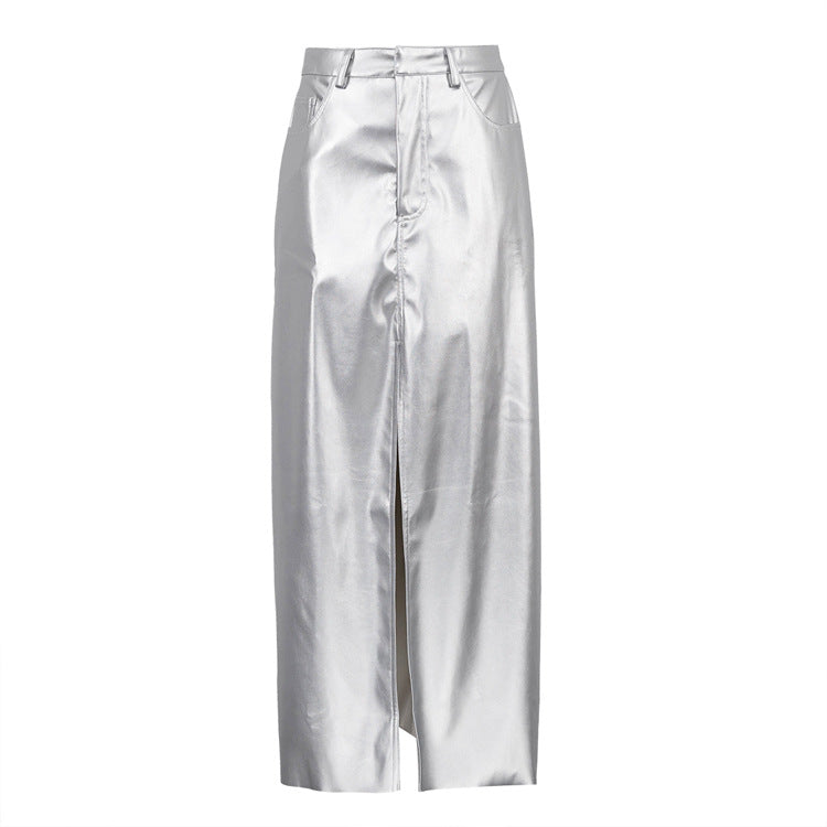 Dame Elegant Maxi-nederdel i metallisk skinnende materiale med slids Stilla