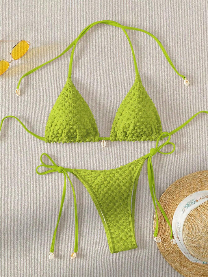 Dame Triangle-Bikini med struktureret materiale og fine bindebånd Skovae