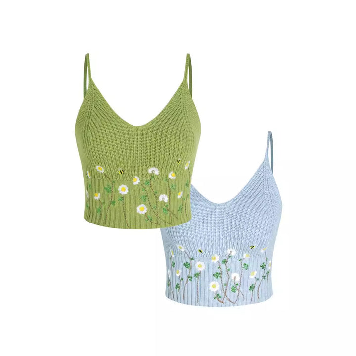 Dame legende strikket Crop-Top med blomsterbroderi Stilla