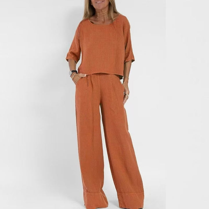 Dame let linned sæt med løstsiddende bukser og cropped top Stilla