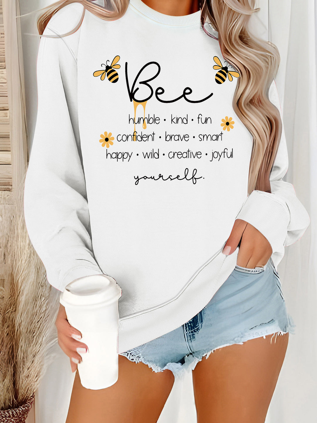 Dame sweatshirt med inspirerende bi-motiv og positive affirmationer Stilla