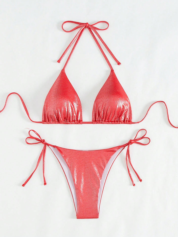 Dame Triangel-Bikini med glinsende overflade og justerbare snore Stilla