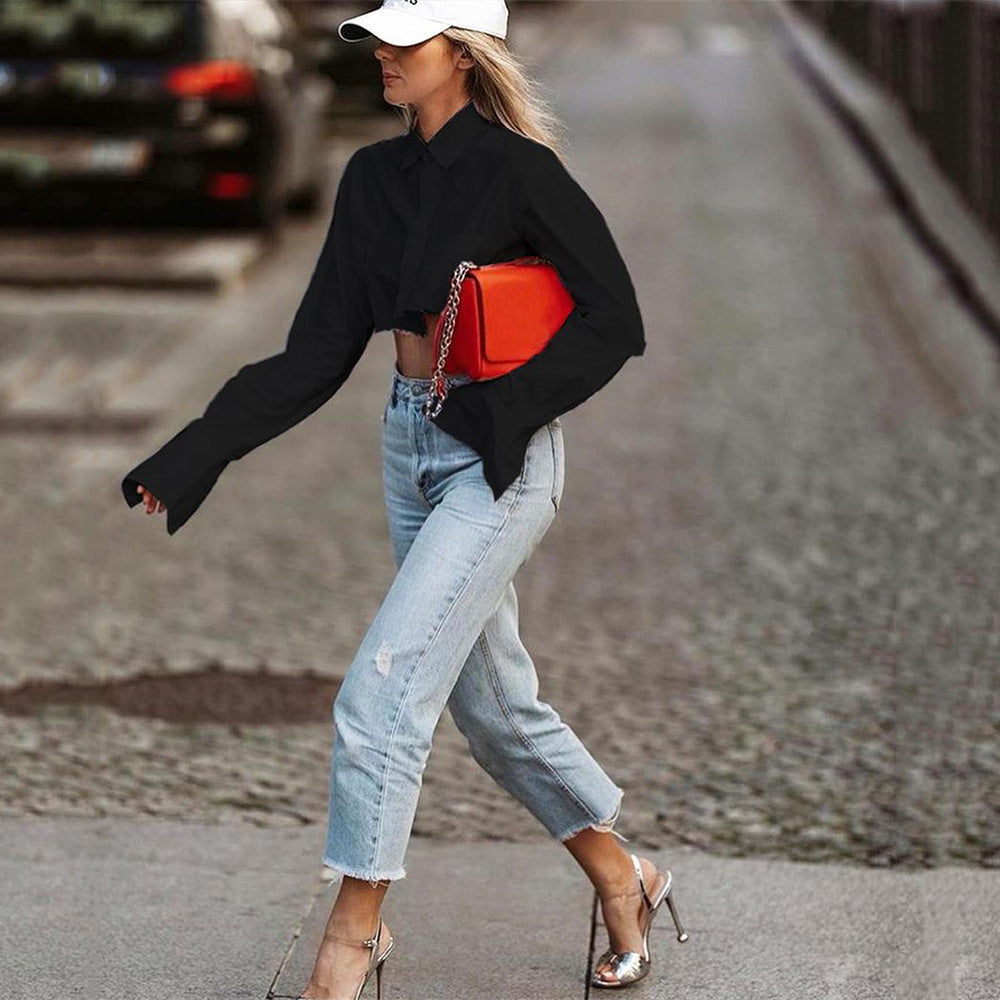 Femme Cropped Oversized-bluse med lange ærmer Stiila