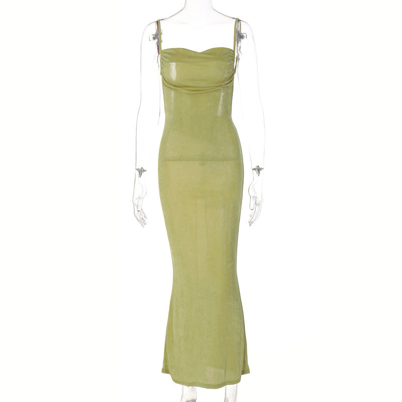 Dame Elegant Midi Kjole med skulderfri design og fine spaghetti stropper Stilla
