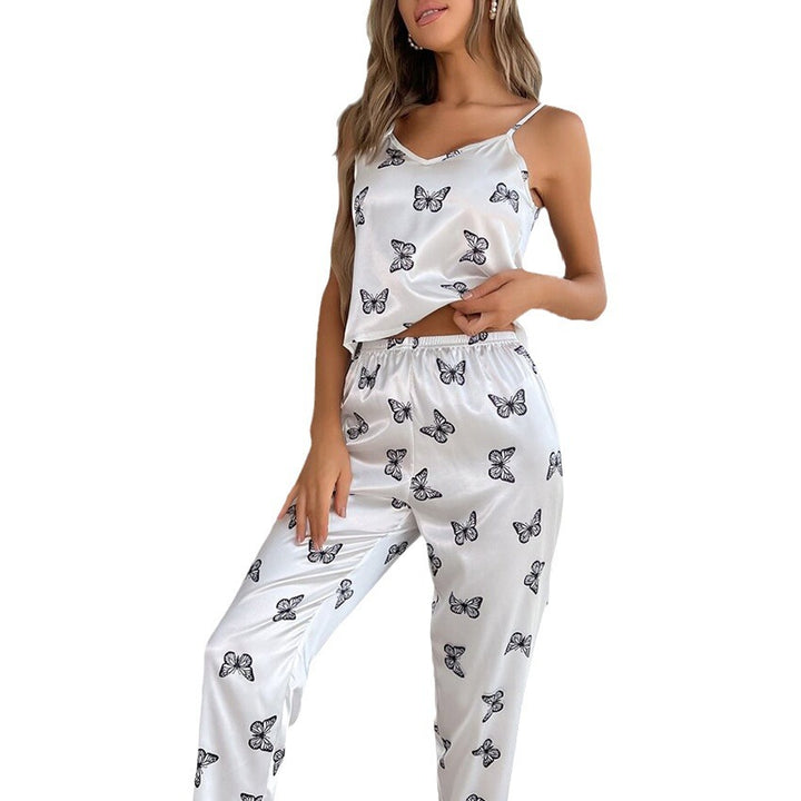 Dame elegant satin pyjamasæt med sommerfugl mønster og justerbare stropper Stilla