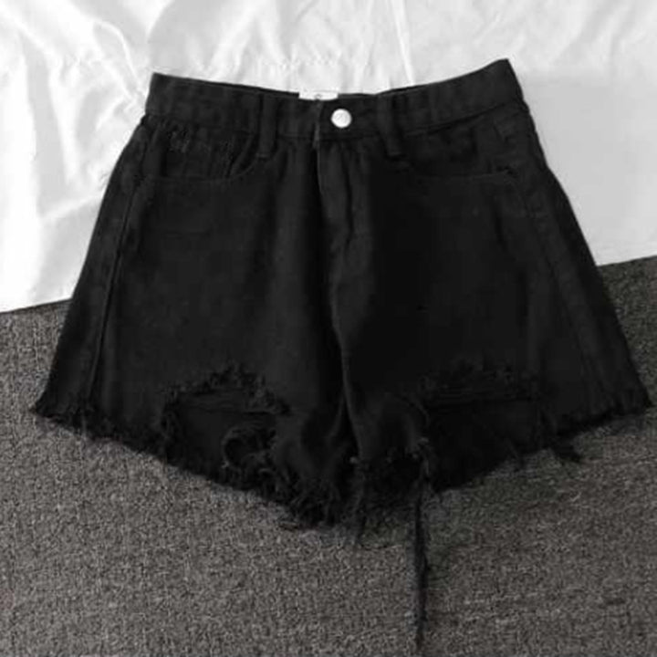 Kvinders ødelagte denimshorts med høj talje og frynset kant