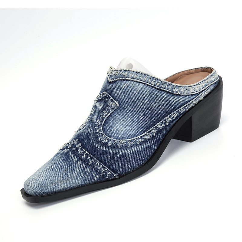 Dame elegante Mules med moderigtigt jeans-design og komfortabel blokhæl Stilla