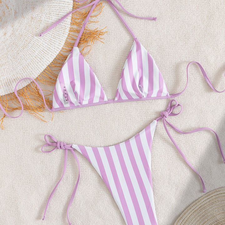Dame Triangel-Bikini med trendy striber og legende bindebånd Skovae