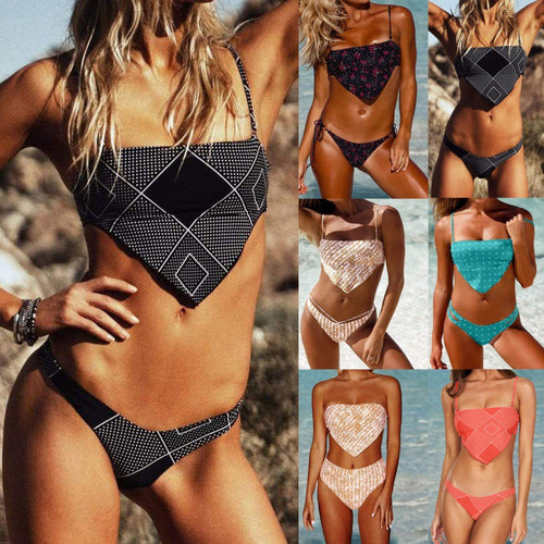 Dame Bandeau-bikini med grafisk design og justerbare stropper Skovae