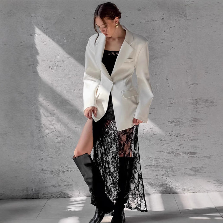 Dame Elegant blazer-outfit med gennemsigtig spidspullover lang jakke Stilla