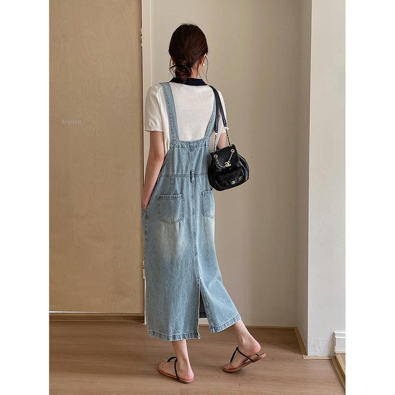 Dame bæltekjole i afslappet denim-stil med store lommer og justerbare stropper Stilla