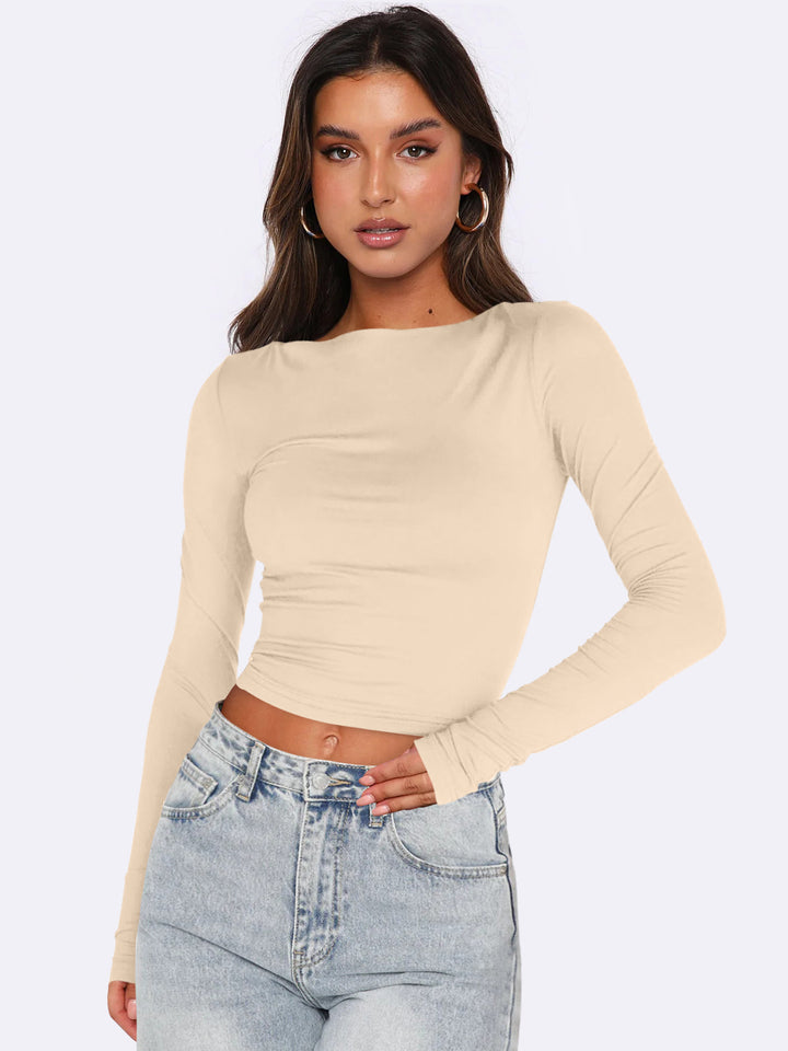 Dame Langærmet Crop-Top med figursyet snit og strækbart materiale Stilla