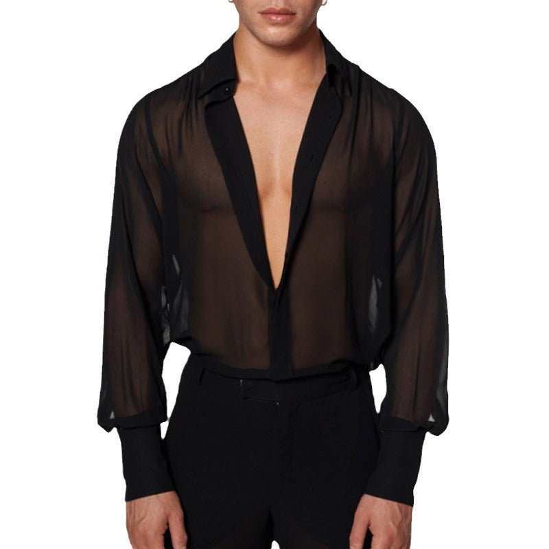Dame nan semi-transparente langærmet chiffonbluse med skjortekrage og brede manchetter Skovae