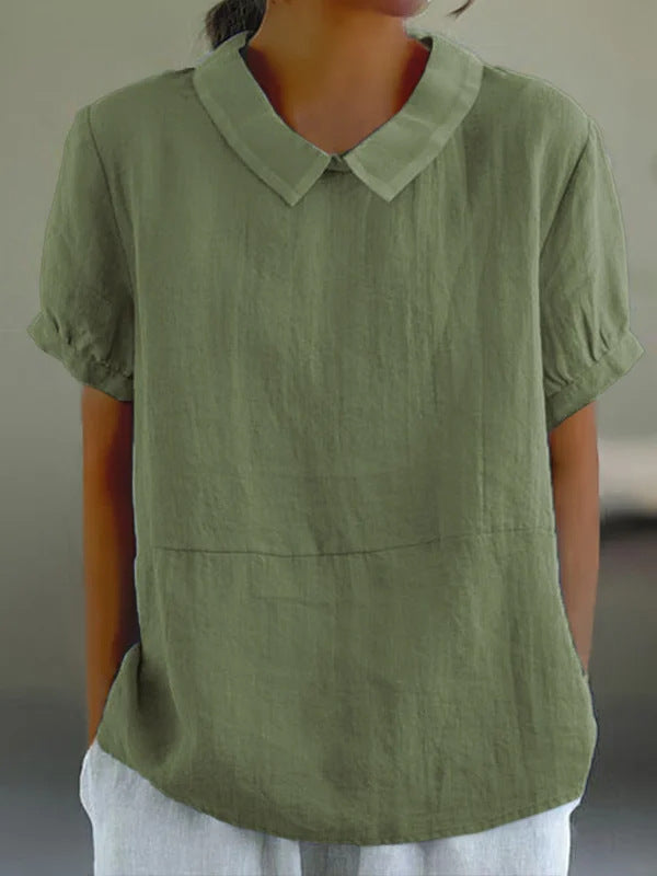 Dame afslappet bluse i let hørstof med elegante kraver Stilla