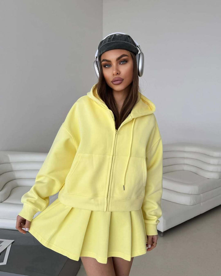 Dame Casual Hoodie og Nederdel Sæt med Skjult Lynlås og Elastisk Talje