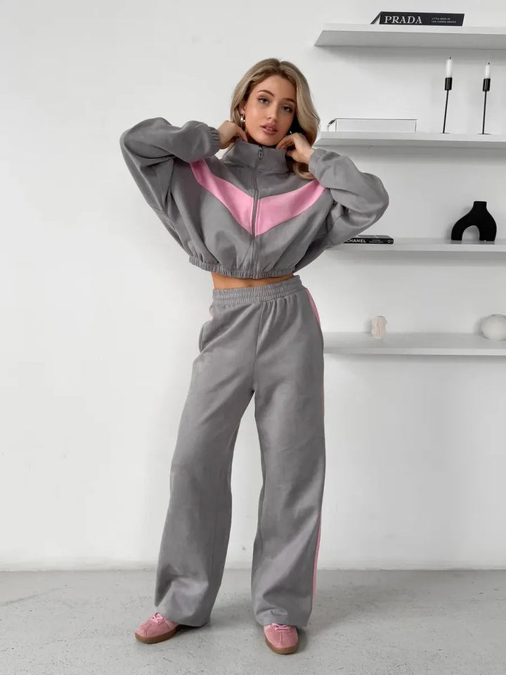 Kvindernes sporty fleece sæt med høj krave lynlås og løs pasform Skovae