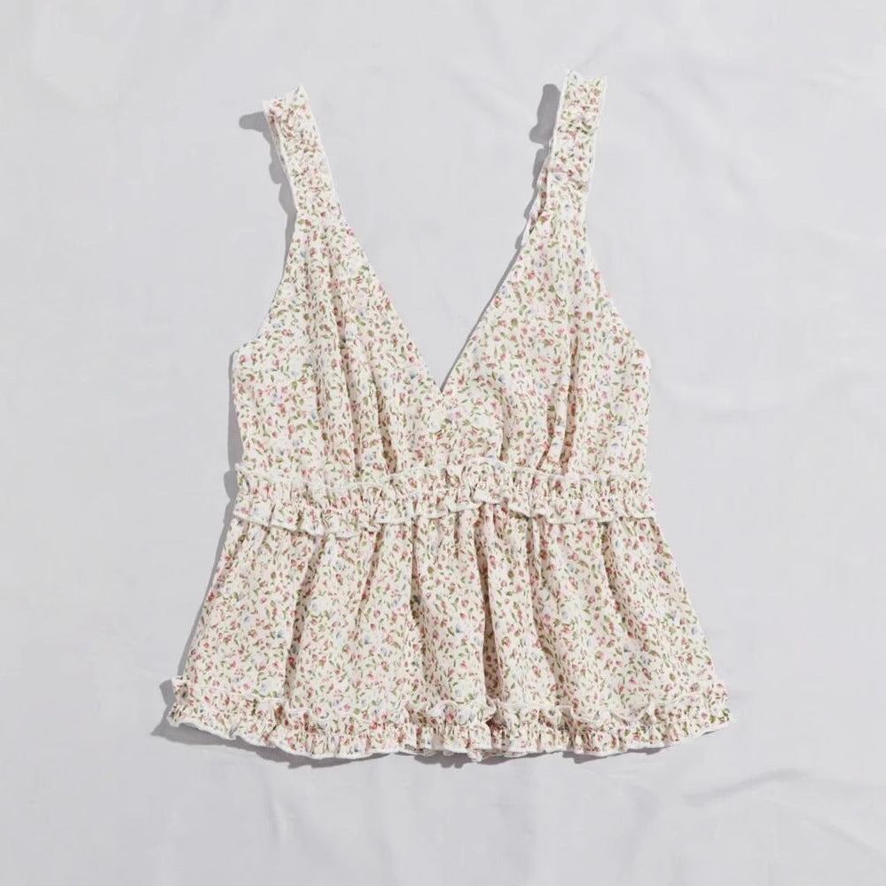 Dame bluse top med blomster rynket kant og V-hals Stilla