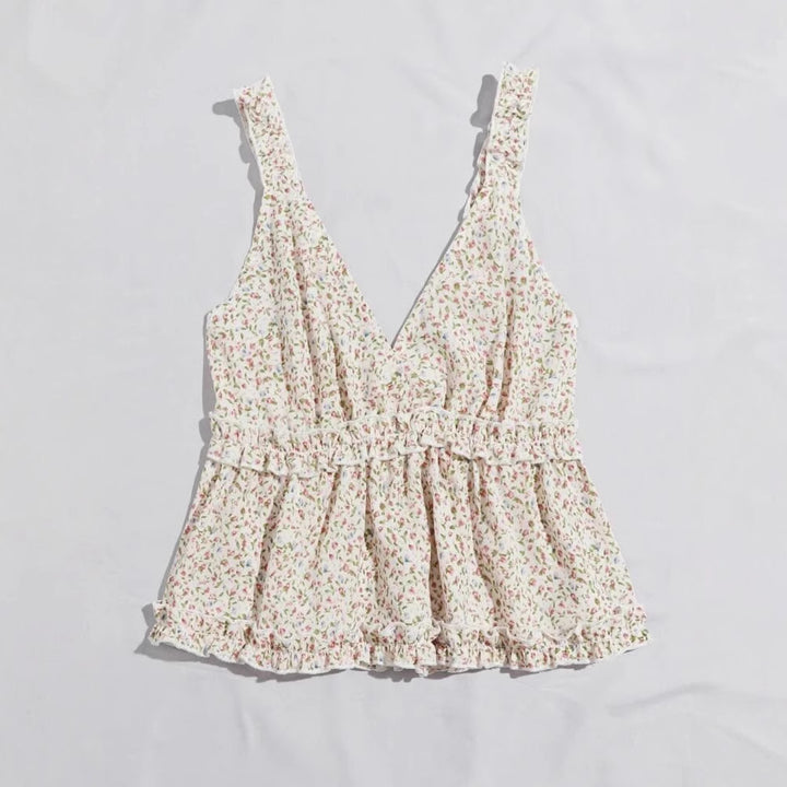 Dame bluse top med blomster rynket kant og V-hals Stilla