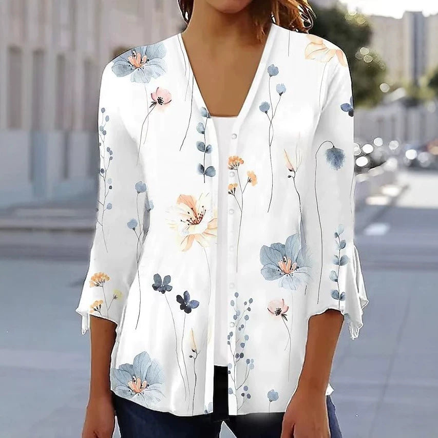 Dame nan let chiffon bluse med akvarel blomstertryk, V-halsudskæring, knapliste og trekvartærmer Skovae