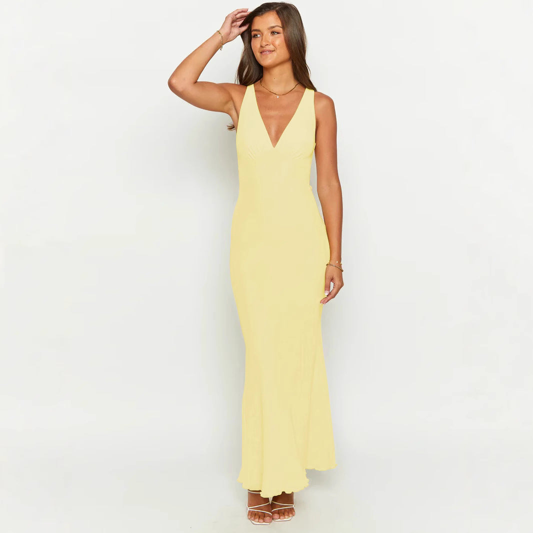 Dame elegant Maxi kjole med dyb V-hals og figursyet snit Stilla