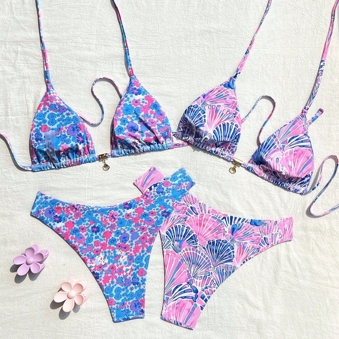 Dame trekanten bikini sæt med blomster mønstre og elegante stropper Skovae