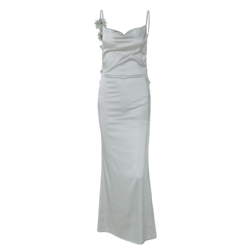 Dame Satin Maxikjole med fine stropper og elegant drapering Skovae
