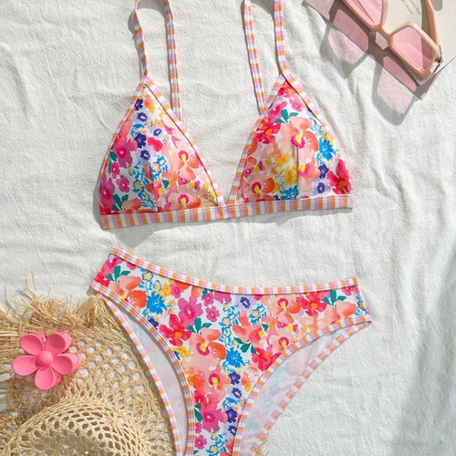 Dame Triangel-Bikini-Sæt med blomsteragtigt mønster og legende design Skovae