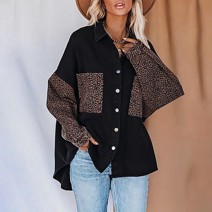 Dame Oversized Skjorte med Leopardmønster og Trykknapper Stilla