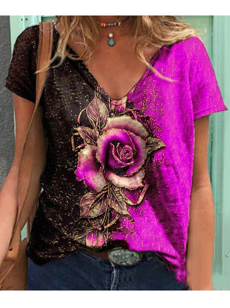 Dame Kunstnerisk Blomster Grafik V-Udsnit T-Shirt Stilla
