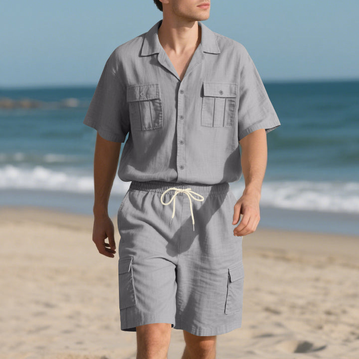 Herre afslappet strandskjorte sæt med praktiske cargo shorts og stilfuld krave Stilla