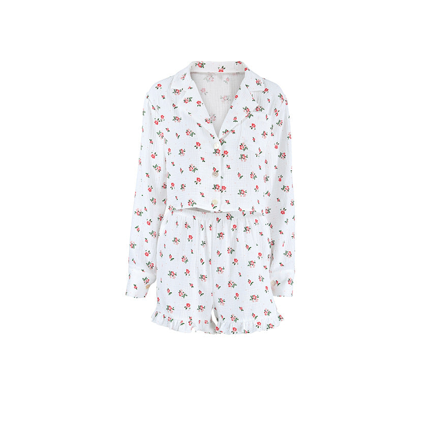 Dame pyjamasæt med blomstermønster og rynkede afslutninger Stilla