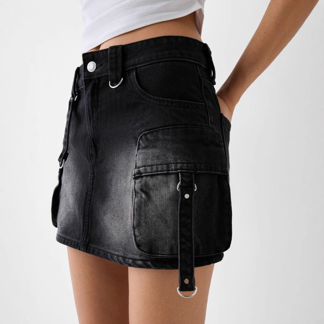 Dame Denim Mini nederdel i Cargo-stil med praktiske sidelommer og trendy accenter Stilla