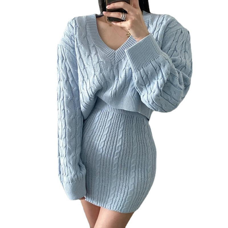 Dame V-hals Kabelstriktrøje og Bodycon Skørt Sæt Stilla