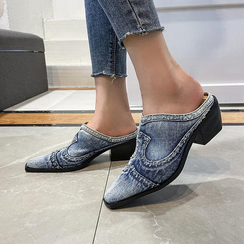 Dame elegante Mules med moderigtigt jeans-design og komfortabel blokhæl Stilla