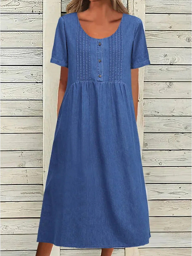 Dame nan locker siddende Midikjole i Denim-look med Rundhalsudskæring, brystfalsker og sidelommer Skovae