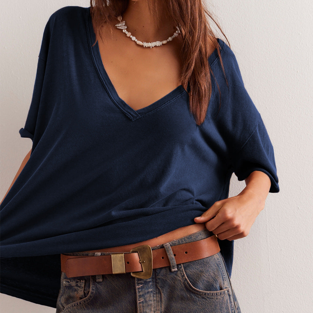 Dame oversized T-shirt med dyb V-udskæring og afslappet snit Stilla