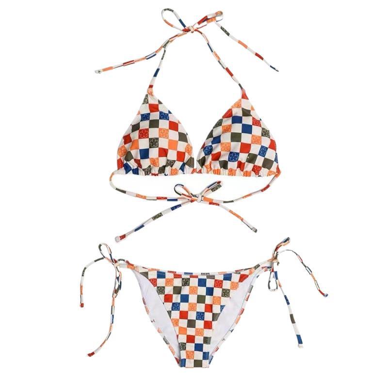 Dame Skakbræt mønster Triangle Bikini Sæt med justerbare bånd Stilla
