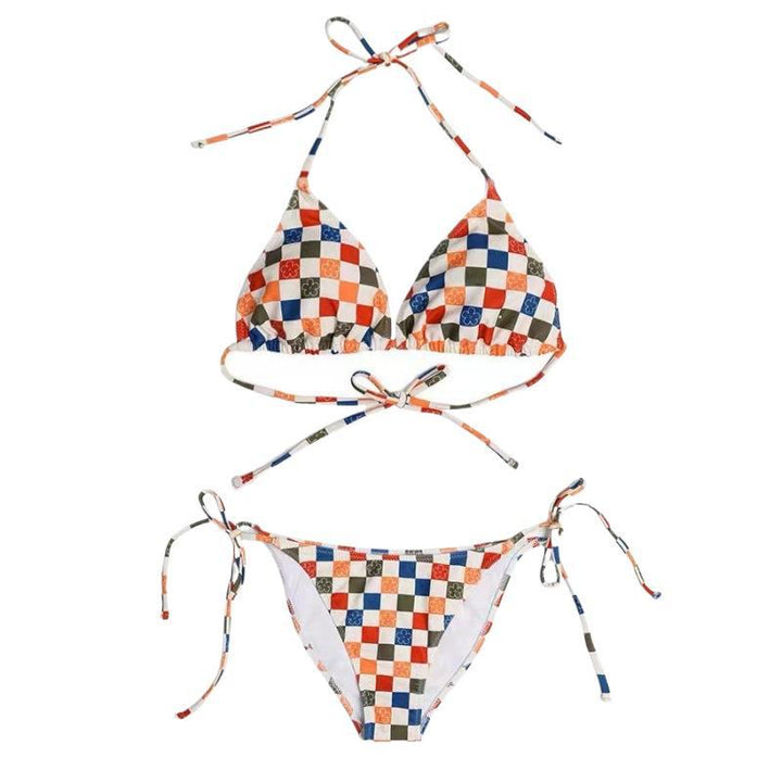 Dame Skakbræt mønster Triangle Bikini Sæt med justerbare bånd Stilla