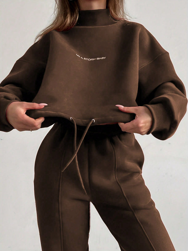 Kvinders sporty sweatshirt og joggingbukse sæt med høj krave og løs pasform Skovae