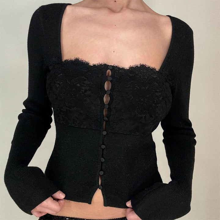 Dame Elegant top med blondedetaljer og knaplukning Stilla