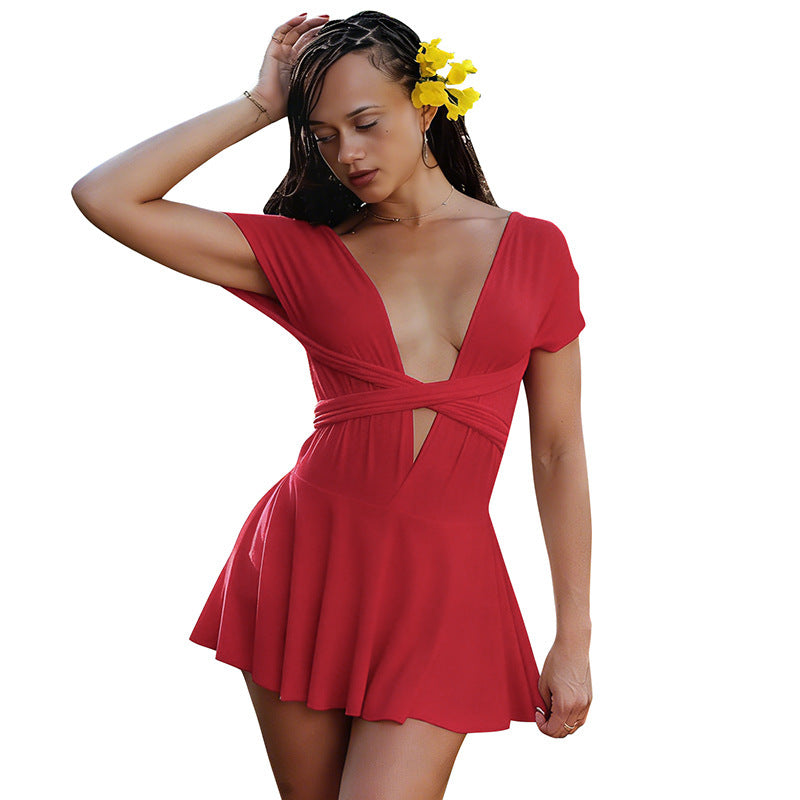 Damen Elegantes Wickelkleid mit tiefem V-Ausschnitt und fließendem Rock Skovae
