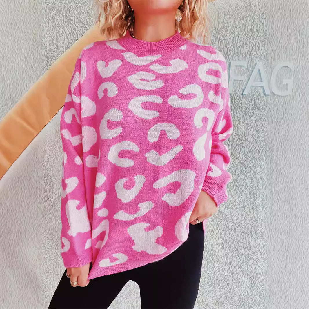 Dame komfortabel oversized pullover med moderne leopardmønster og rund halsudskæring Stilla