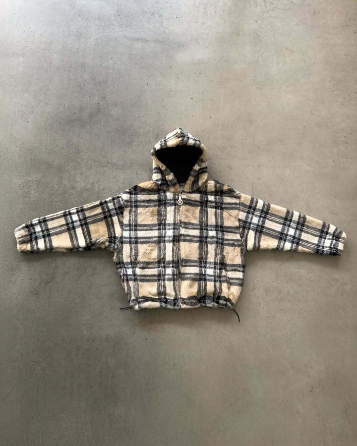 Unisex nan forede plaid-fleece-bomberjakke med hætte snøre og lynlås-lommer Skovae